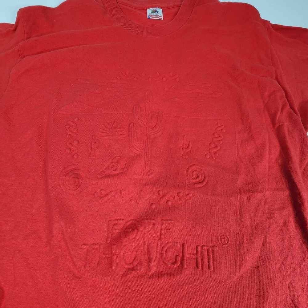 VTG 80s Single Stitch FOTL Red T-Shirt Large Raised Print Fore Thought Cactus EC